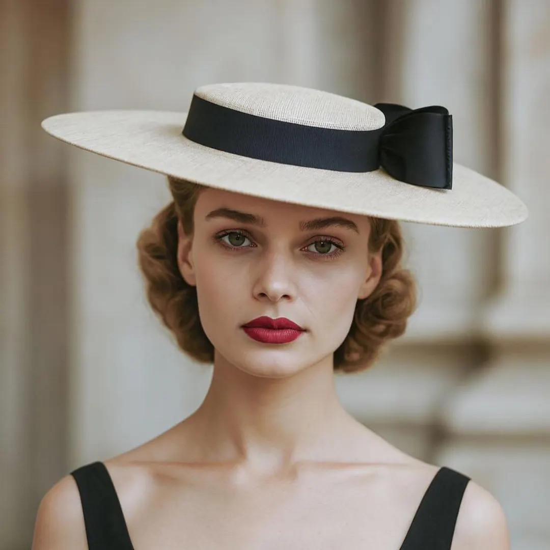 PAVILLION Boater Hat in Pinok Pok Straw with Navy Ribbon | Etsy (US)