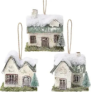 naturevibe Snow Village Houses Ornament with Warm Led Lights, Set of 3 Birch Log Cabin Christmas ... | Amazon (US)