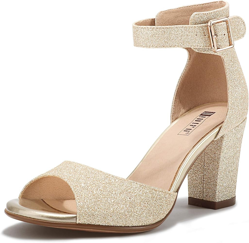 IDIFU Women's Candie-MI Peep Toe Low Block Heels Sandals Ankle Strap Comfy Chunky Wedding Dress S... | Amazon (US)