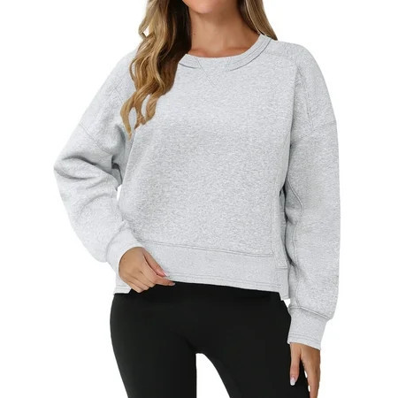 Unique Bargains Women Crew Neck Fleece Pullover Oversized Cropped Sweatshirt XL Light Gray | Walmart (US)