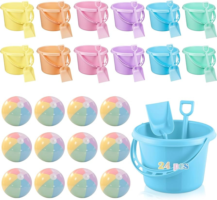 Lunmon 36 Pcs Beach Toys for Kids 12 Set Sand Buckets Shovels Bulk Pastel Beach Balls Inflatable ... | Amazon (US)