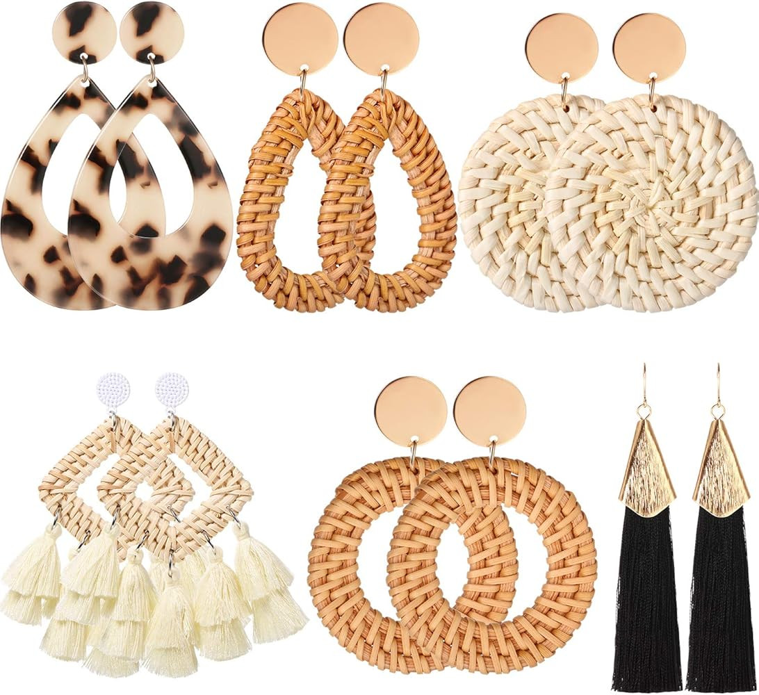 6 Pairs Women Handmade Rattan Earrings Statement Acrylic Earrings Geometric Straw Earrings Tassel Ho | Amazon (US)