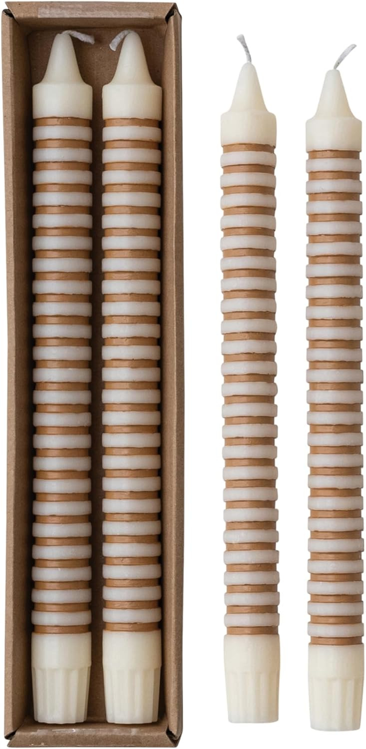 Creative Co-Op 2-Piece Unscented Horizontal-Striped Taper Candles in Box, Tan Color | Amazon (US)