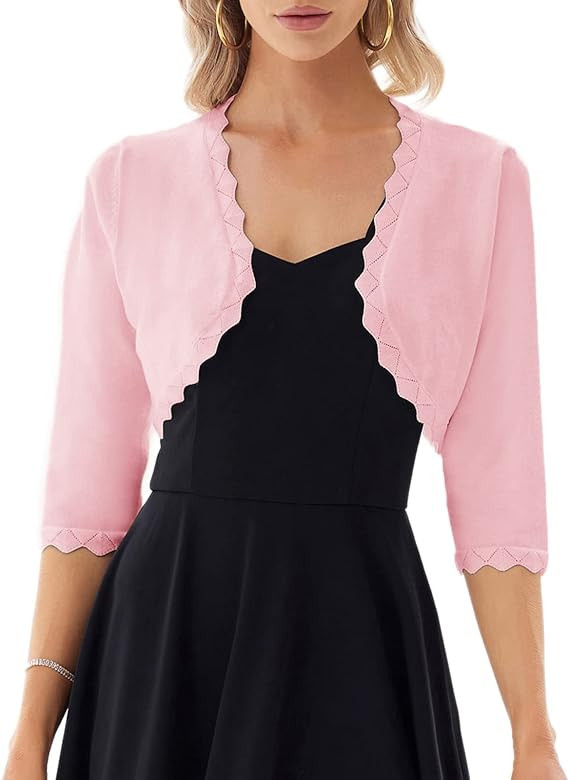 GRACE KARIN Women's 3/4 Sleeve Open Front Scalloped Knit Cropped Bolero Shrug Cardigan | Amazon (US)