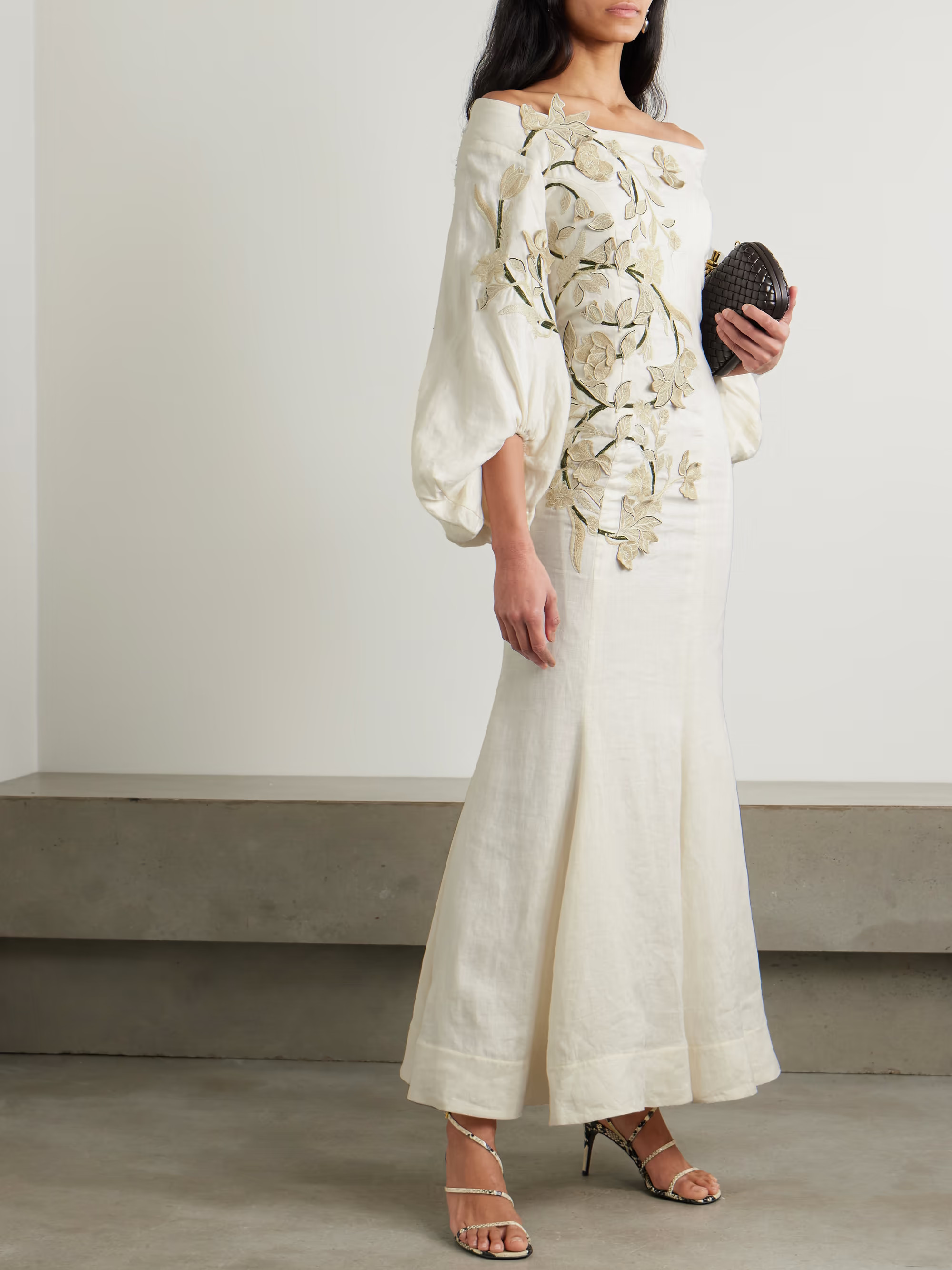 Peccana off-the-shoulder appliquéd linen maxi dress | NET-A-PORTER (US)