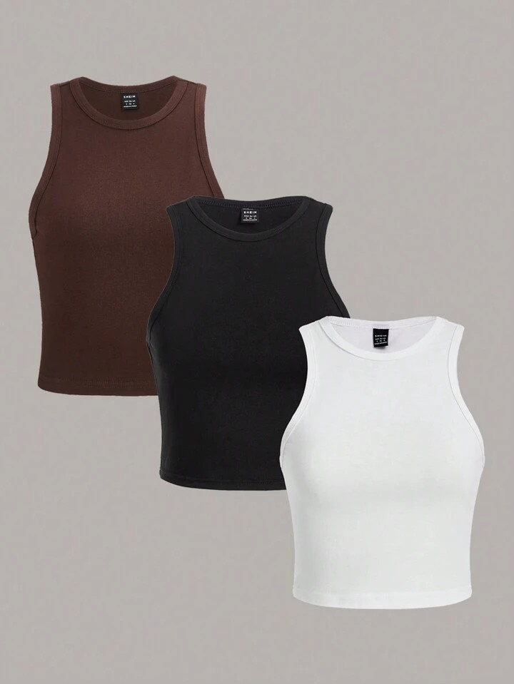 SHEIN Essnce 3pcs/Pack Casual Minimalist Round Neck Slim Fit Women Tank Tops, Suitable For Summer | SHEIN