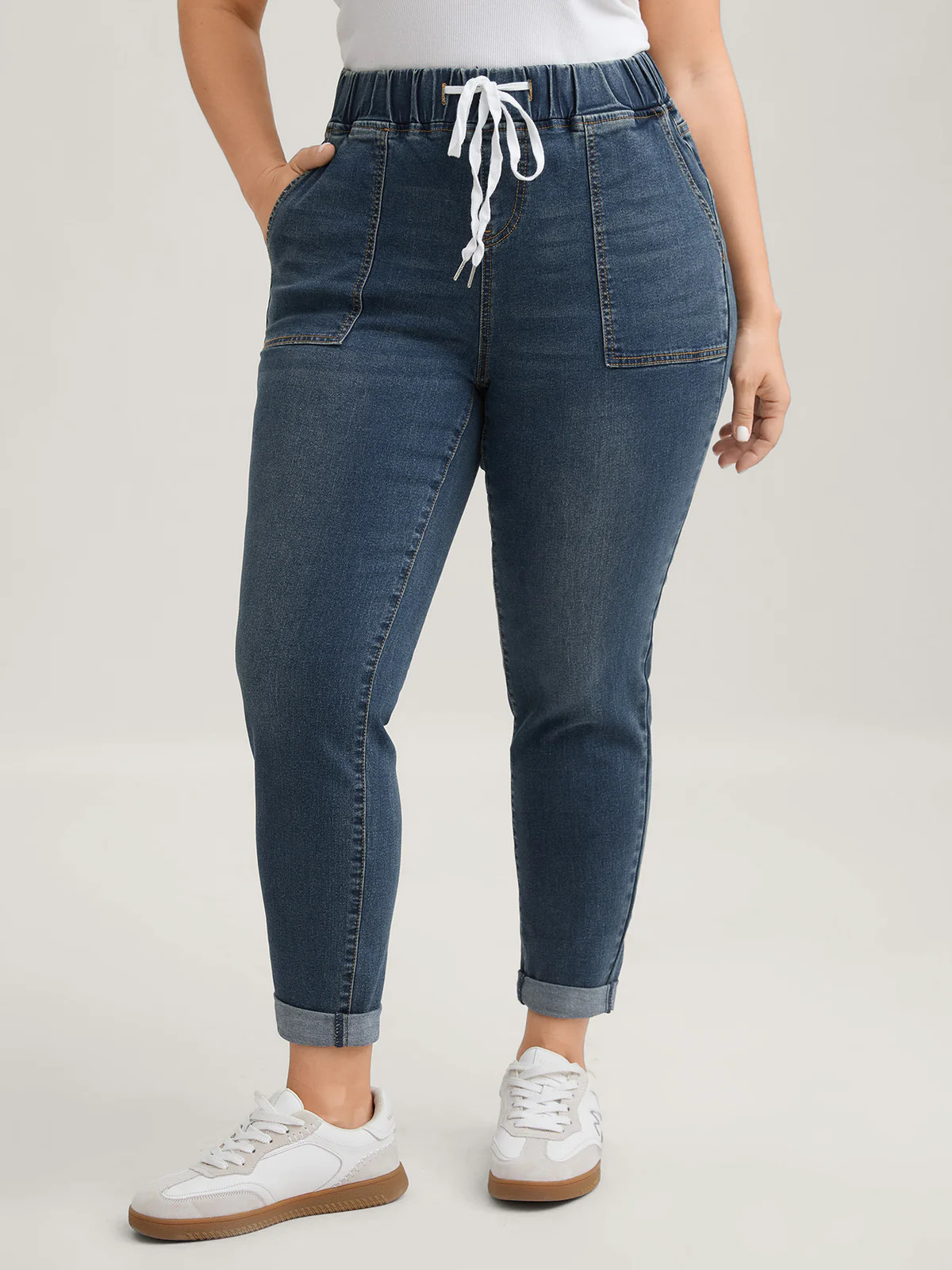 Pull-On Drawstring Folded Hem Boyfriend Jeans | Bloomchic