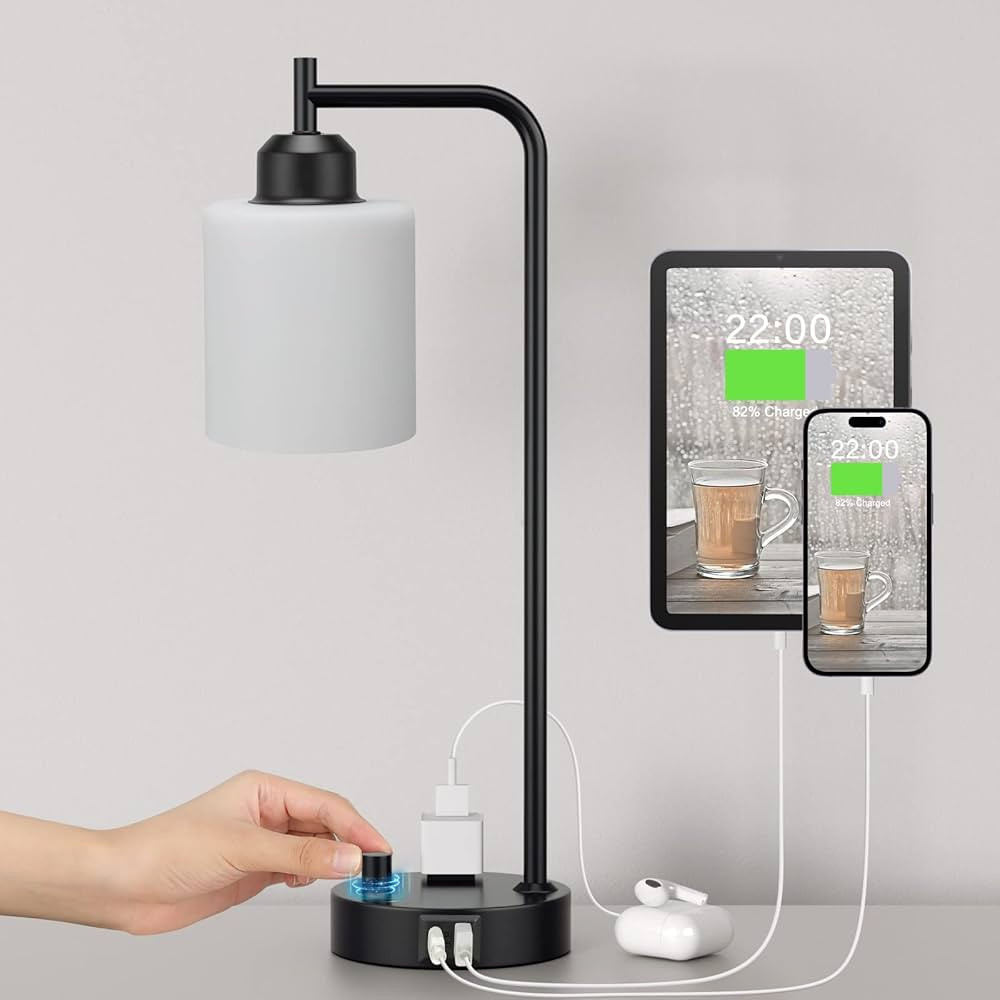 Industrial Bedroom Table Lamps for Bedside - White Opal Glass Shade Desk Lamps with USB C Port, F... | Amazon (US)