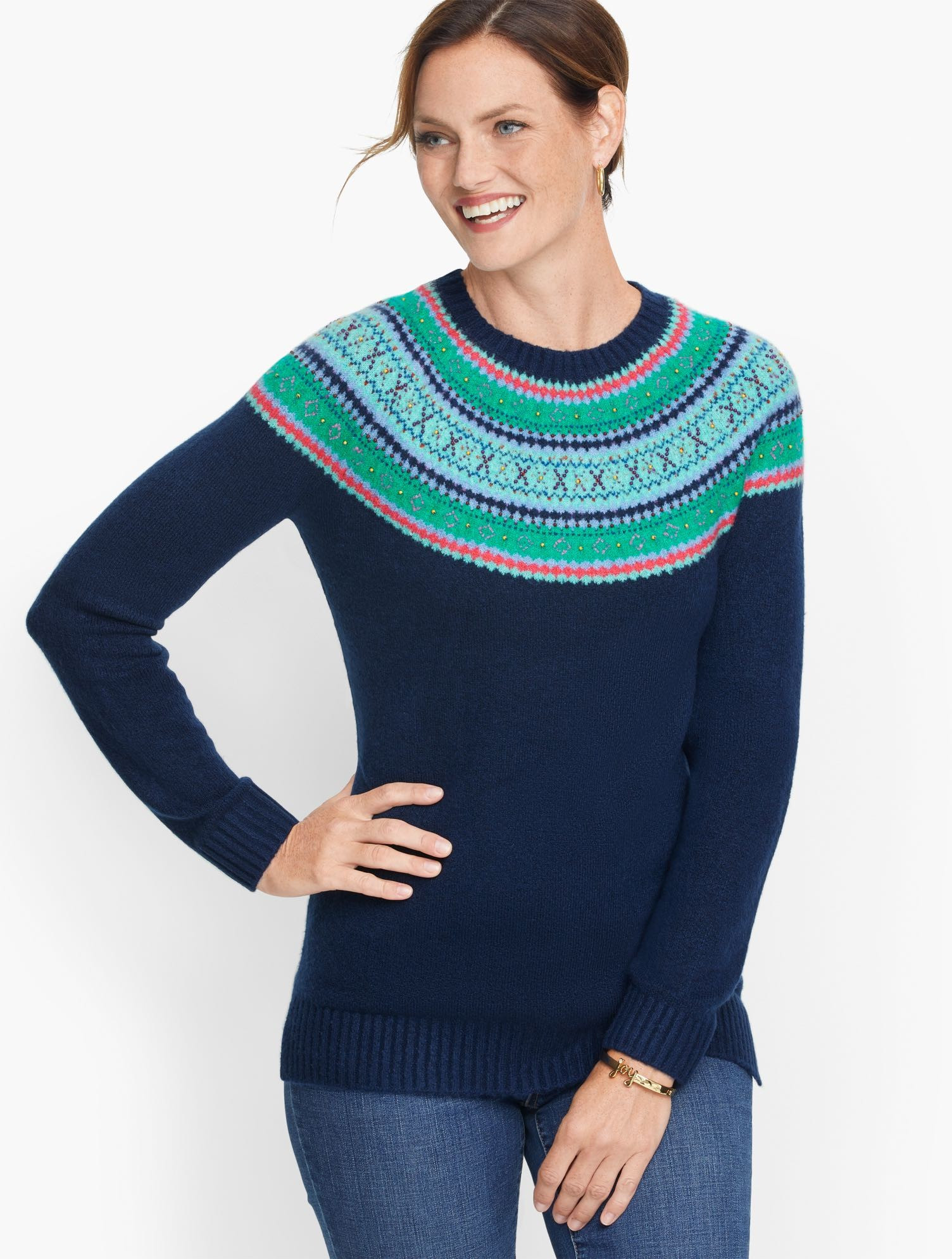 Beaded Fair Isle Sweater - Ink - Large Talbots | Talbots