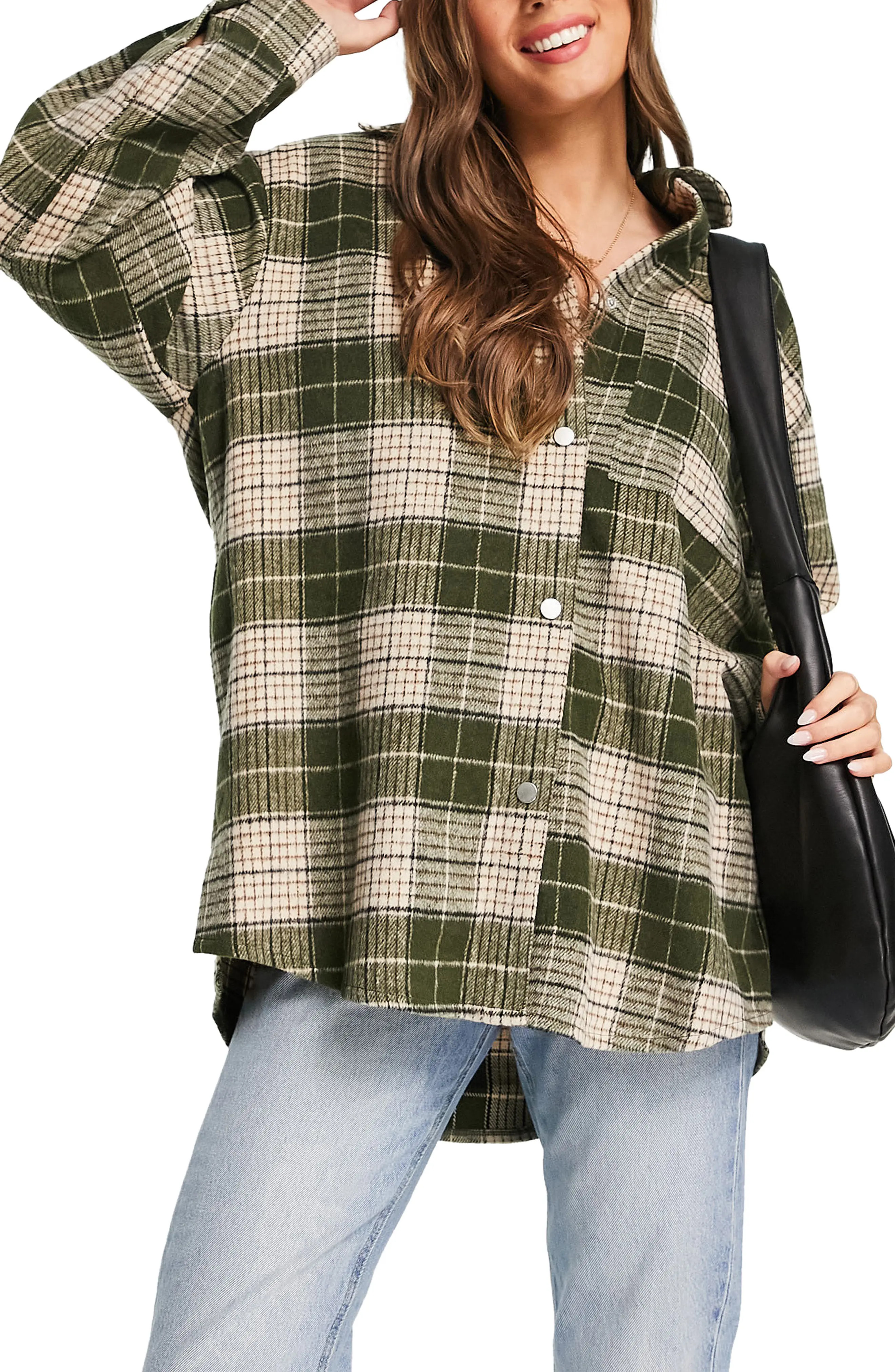 Topshop Plaid Oversize Shacket, Size Large in Khaki at Nordstrom | Nordstrom