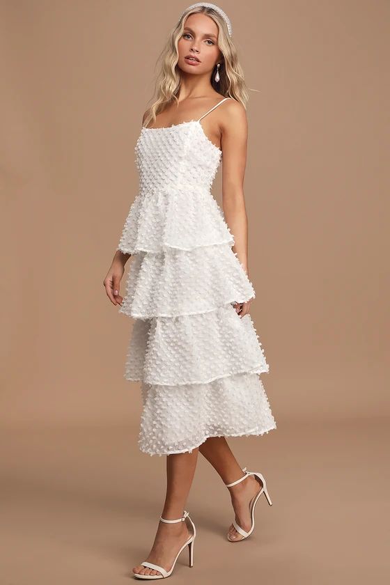 Flirting with You White Tiered Pom Pom Midi Dress | Lulus (US)