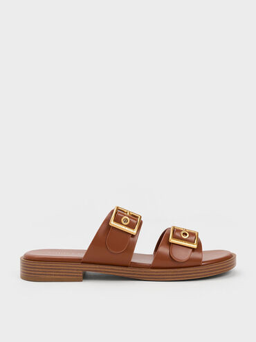 Cognac Buckled Double Strap Slide Sandals | CHARLES & KEITH | Charles & Keith EU