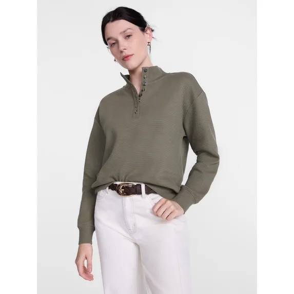 Scenario Women's and Women's Plus Waffle Knit Button Top with Long Sleeves, Sizes XS-4X | Walmart (US)