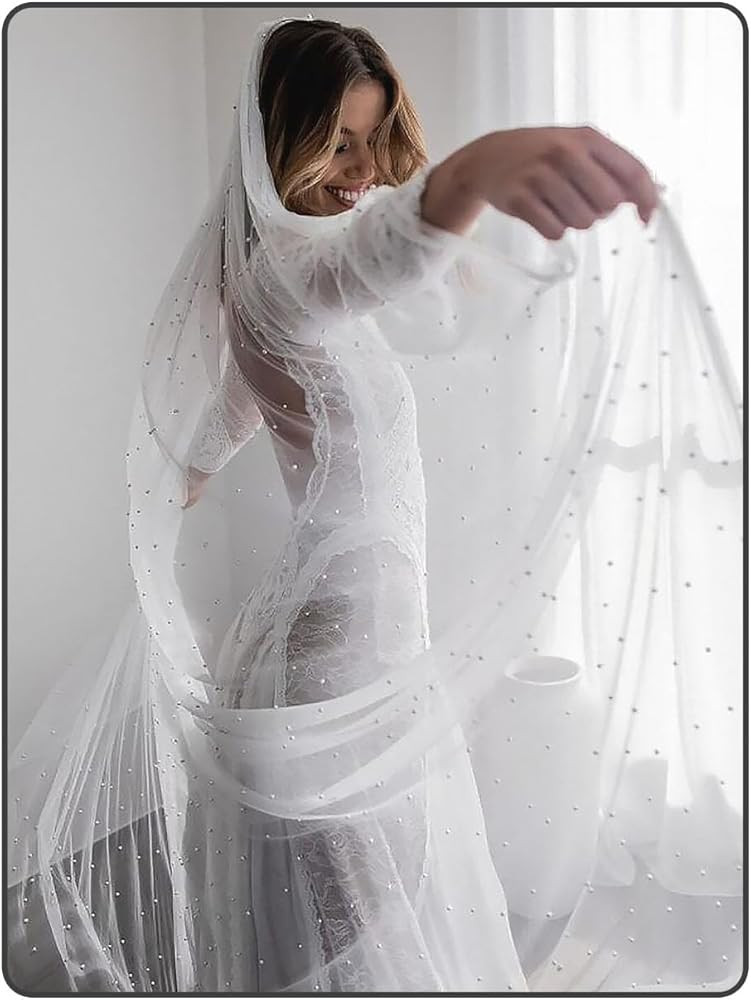 Foyte Pearl Bride Wedding Veil Cathedral Length Veil 1 Tier Bridal Long Tulle Chapel Veils for Wo... | Amazon (US)