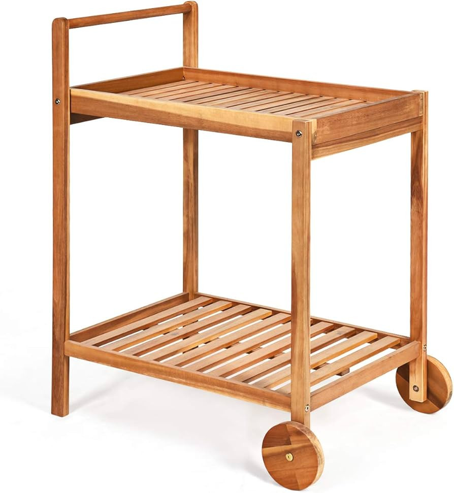 Rolling Serving Cart, Solid Wood Home Bar Cart with Handle with 2 Trays, Portable Serving Trolley... | Amazon (US)