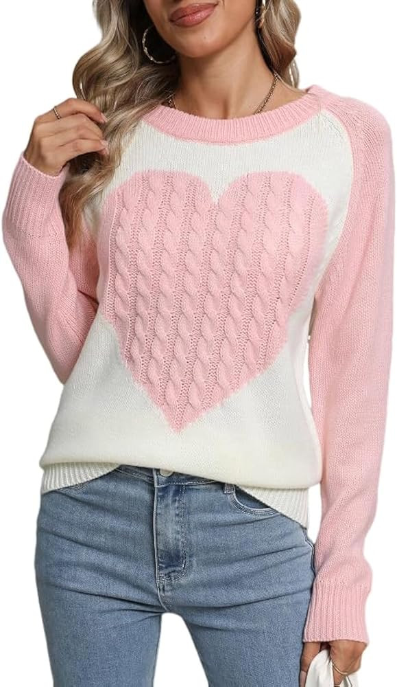 Women's Pullover Sweaters Long Sleeve Front Ribbed Knitted Cute Heart Sweater | Amazon (US)