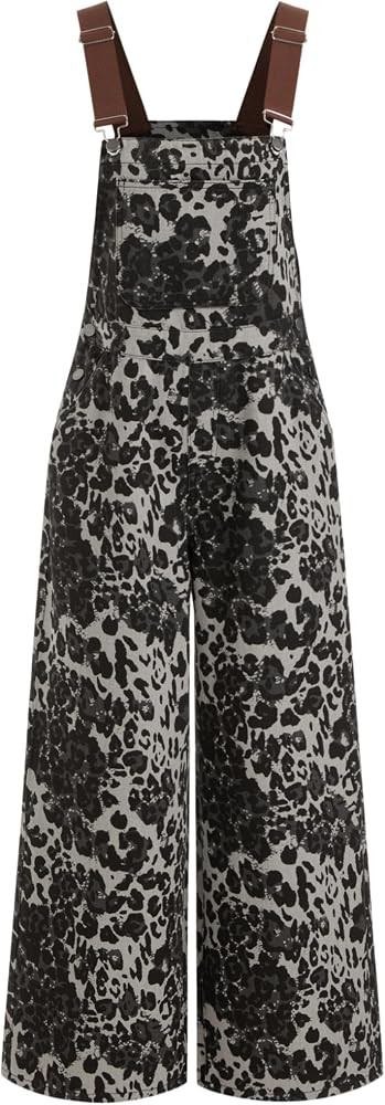 CIDER Overalls for Women Denim Leopard Pocket Buckle Up Wide Leg Jumpsuit | Amazon (US)