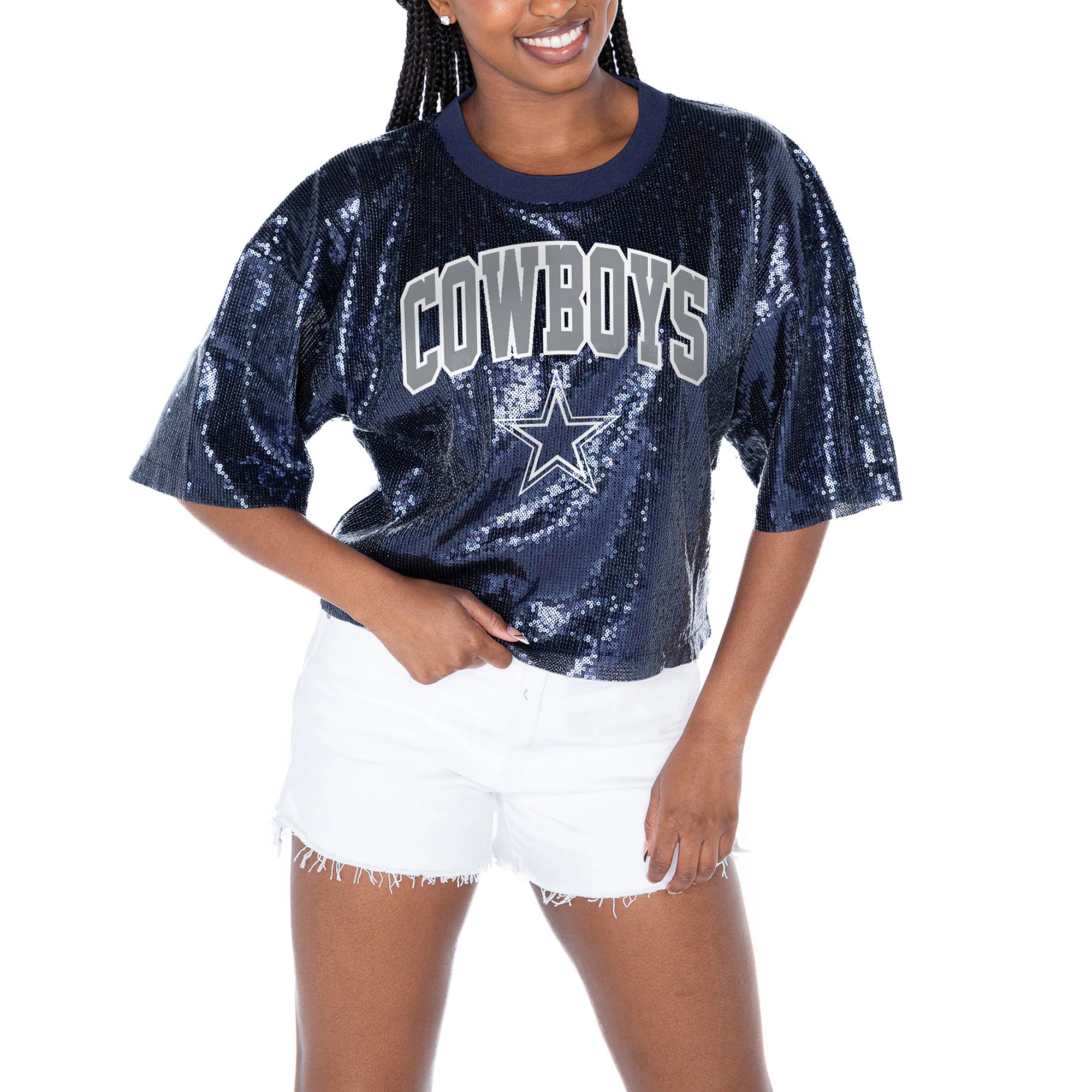 Women's Dallas Cowboys  Gameday Couture Navy Rise Up Sequin Cropped T-Shirt | NFL Shop