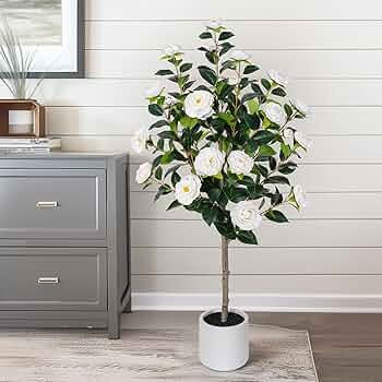47 inch Artificial Camellia Tree with White Flower Pots - White Fake Tree,4 Ft Faux Plants Indoor... | Amazon (US)