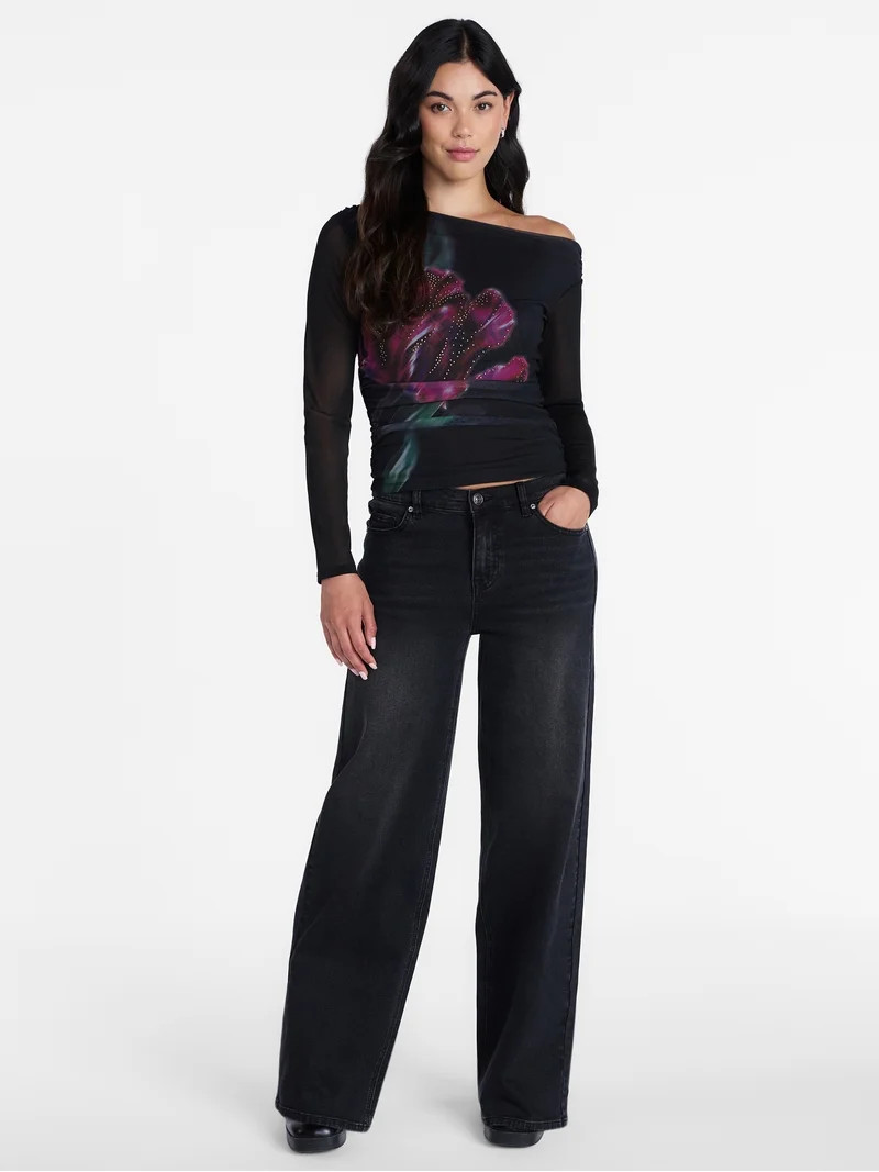 Madden NYC Women\u2019s Asymmetrical Mesh Top with Long Sleeves, Sizes XXS-XXL | Walmart (US)