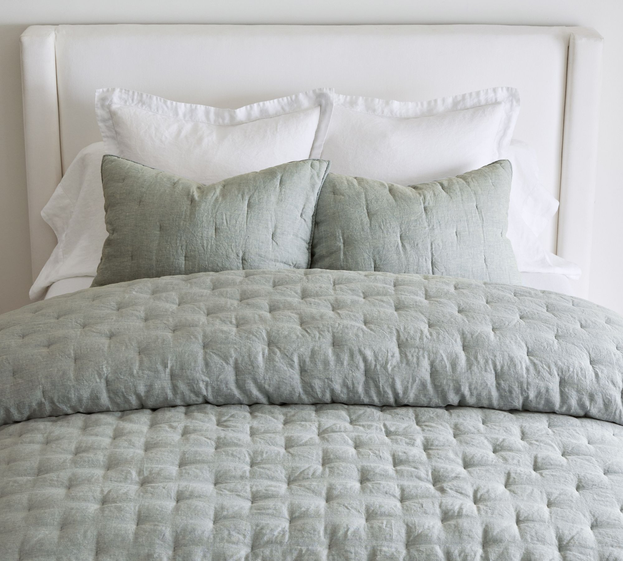 Belgian Flax Linen Tufted Quilt, Mineral Blue, Full/Queen | Pottery Barn (US)