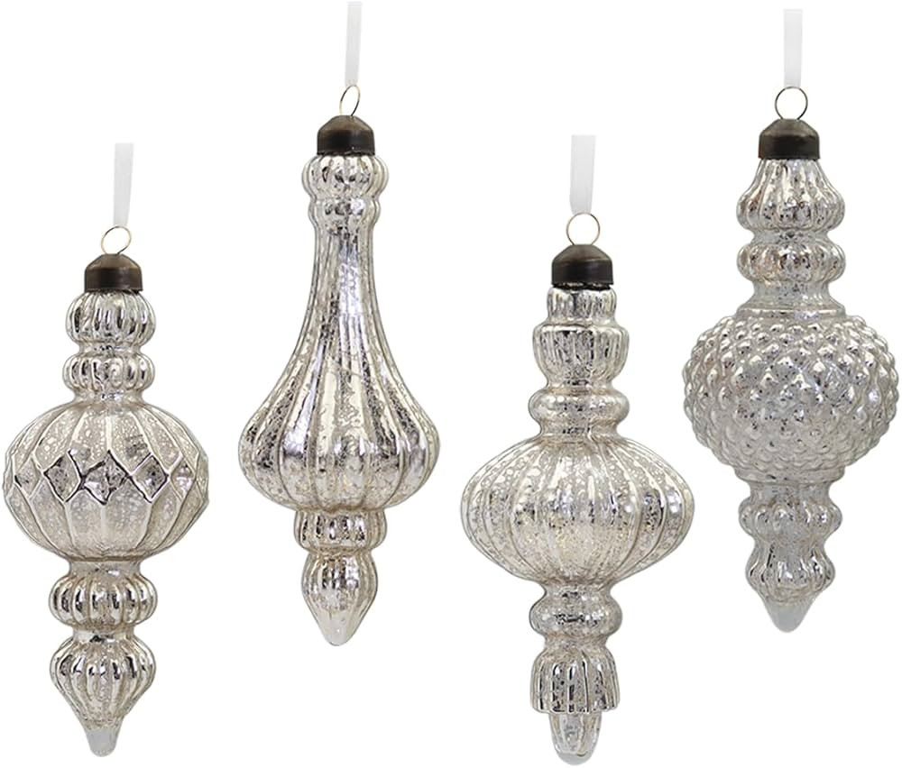 Glass Christmas Ball Ornaments Mercury Glass Drop Finial Ornaments Tree Decoration Silver(4 Piece... | Amazon (US)