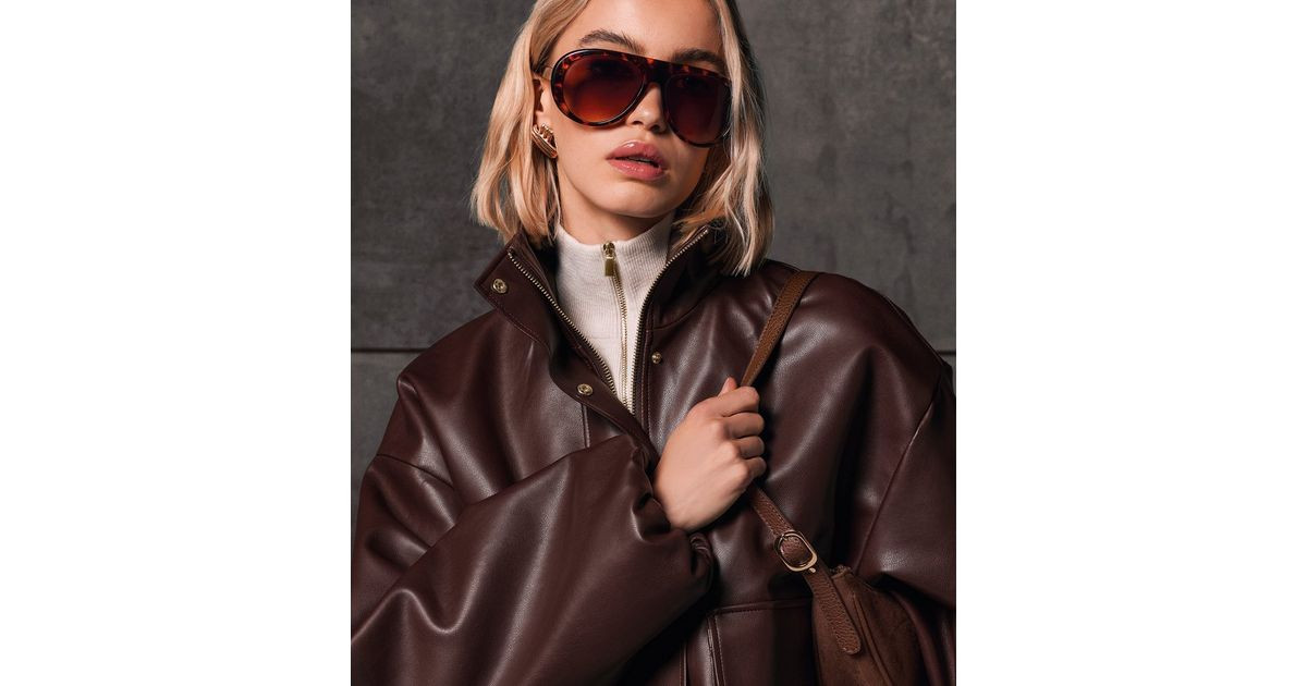 Women's Dark Brown Faux Leather High Neck Jacket New Look | New Look (UK)