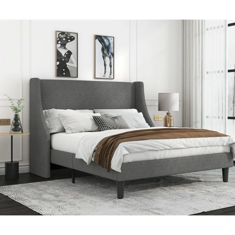 Allewie Queen Size Fabric Upholstered Platform Bed Frame with Wingback Headboard, Light Grey | Walmart (US)