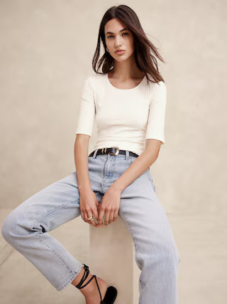 Wide-Ribbed Elbow-Sleeve Top | Banana Republic Factory