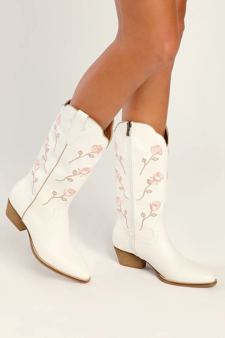 Jenessa White Floral Embroidered Pointed-Toe Mid-Calf Boots | Lulus (US)