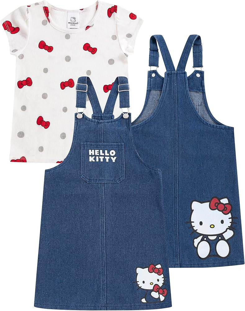 Hello Kitty Sanrio Girls Adjustable Jumper Denim Dress with Shirt Set for Toddler and Big Kids | Amazon (US)