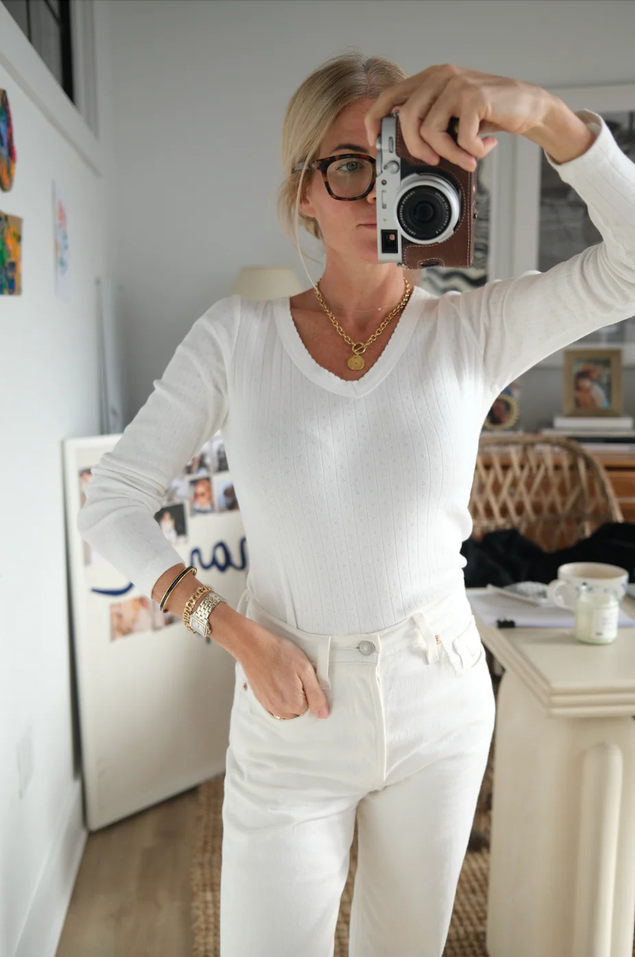 Pointelle Long Sleeve V-Neck - White | Marea