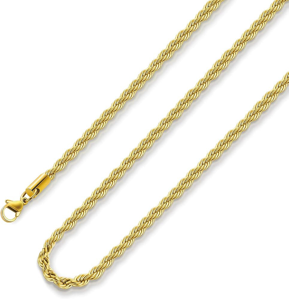 18k Real Gold Plated Rope Chain 1.5mm 2.5mm 5mm Stainless Steel Twist Chain Necklace for Men Wome... | Amazon (US)