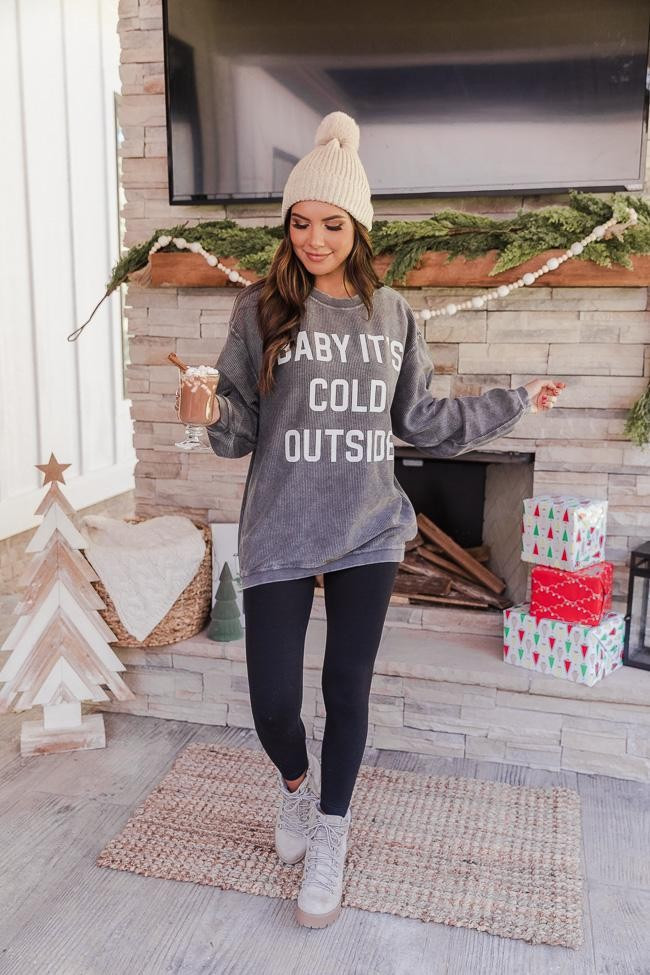 Baby It's Cold Outside Block Charcoal Corded Graphic Sweatshirt | The Pink Lily Boutique