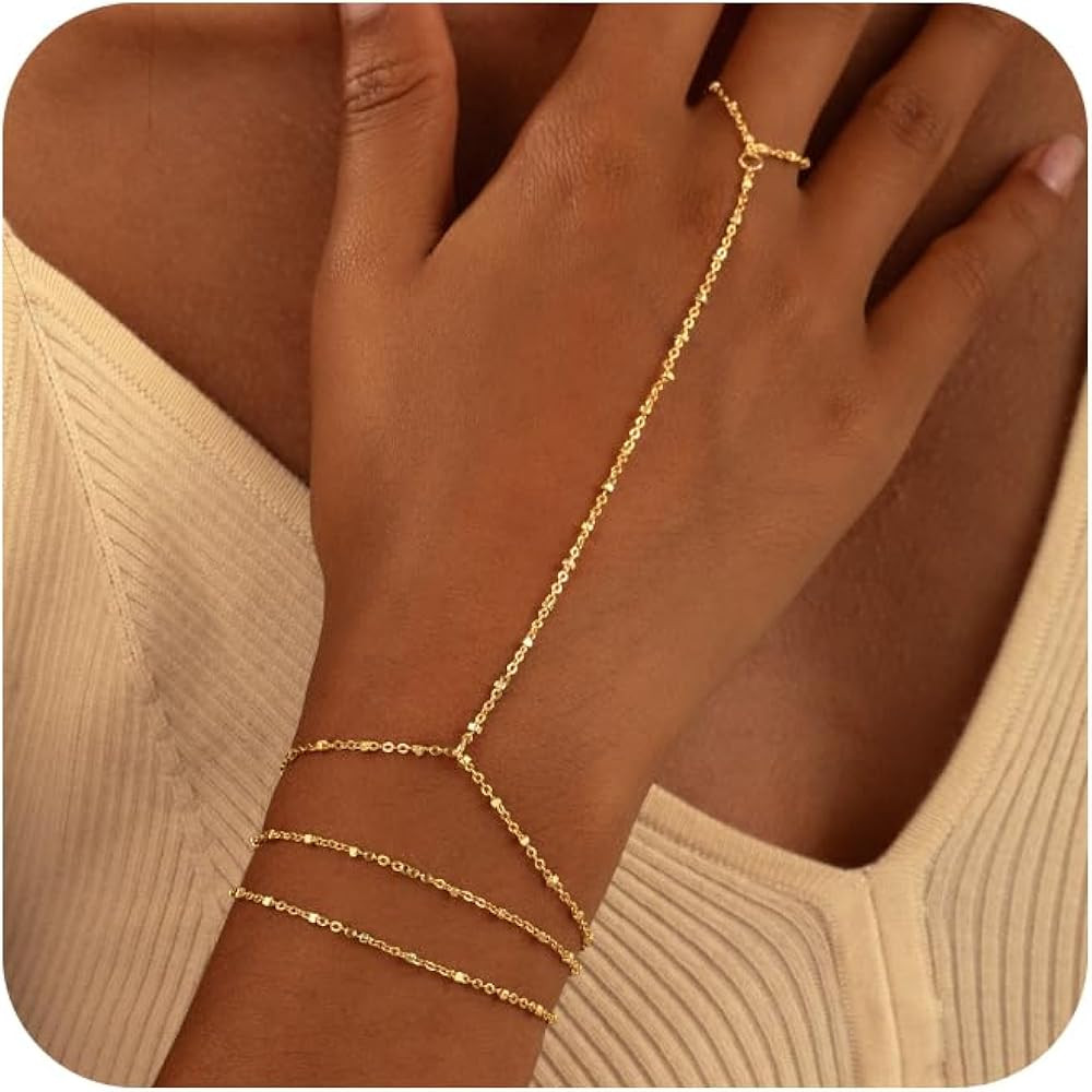 CHESKY 14K Gold Plated Hand Chain Bracelets for Women Set - Dainty Finger Ring Bracelet Stack Adj... | Amazon (US)