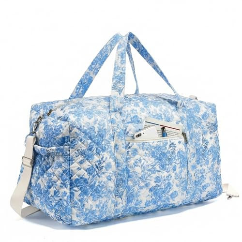 Dansydaisy Large Quilted Travel Duffle Bag for Women Floral Portable Gym Weekender Bag with Zipper Pockets Workout Grocery Pouch Duffle Gift Pouch for Work(Blue Floral) | Amazon (US)