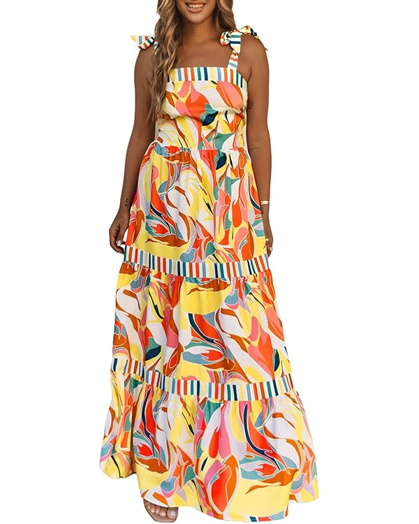 AlvaQ Women's 2024 Summer Sleeveless Floral Print Maxi Dress Strap Square Neck Beach Sun Dress | Amazon (US)