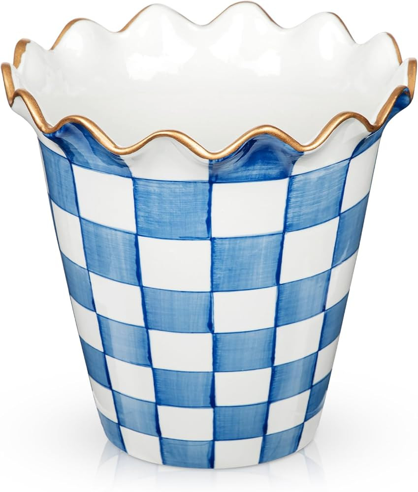 Briful Ceramic Planter with Drainage Hole, 8.1in Blue and White Checkered Flower Pot for Indoor P... | Amazon (US)