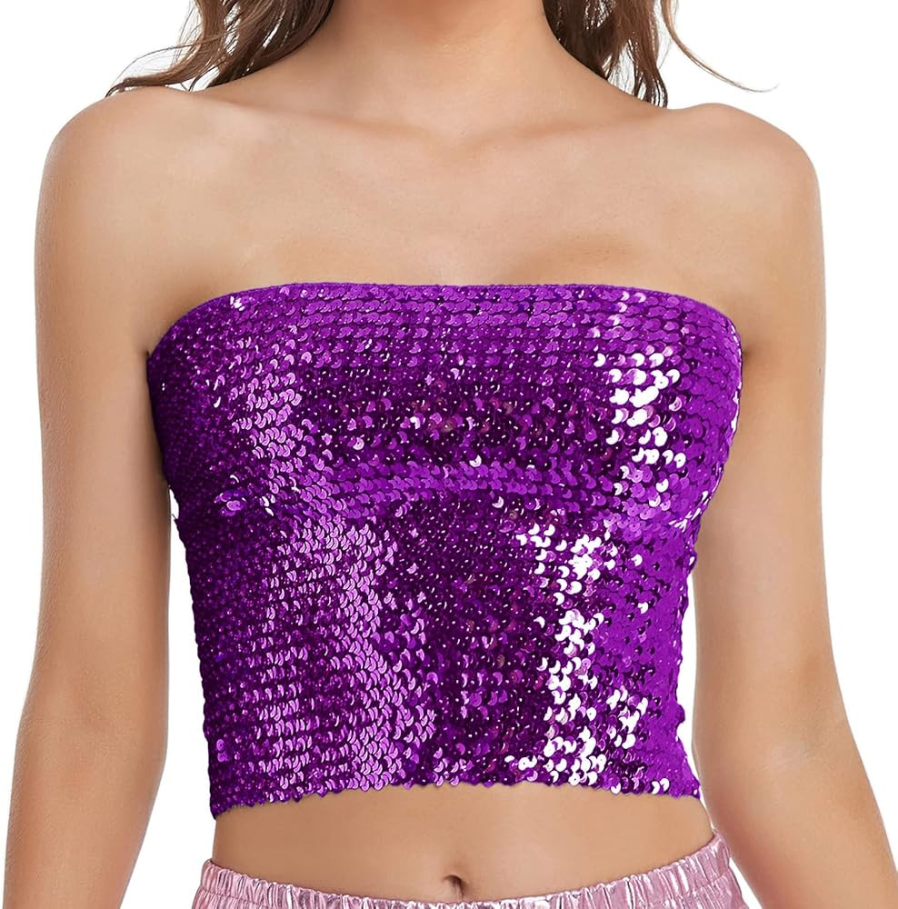 Womens Sparkly Sequin Mermaid Crop Tops, Strapless Metallic Tube Tops for Party Clubwear | Amazon (US)