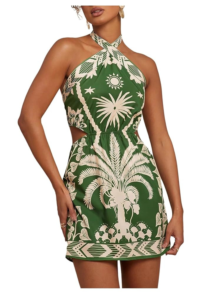 Women's Criss Cross Boho Halter Dress Cut Out Tie Backless Summer Pencil Mini Dresses | Amazon (US)