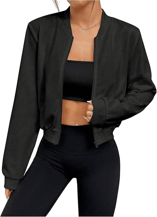 SweatyRocks Women's Lightweight Jackets Casual Basic Zip Up Cropped Bomber Jacket | Amazon (US)