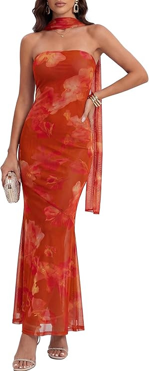 LUXVEER Women's Strapless Tube Dress Mesh Floral Summer Bodycon Long Maxi Cocktail Party Wedding ... | Amazon (US)