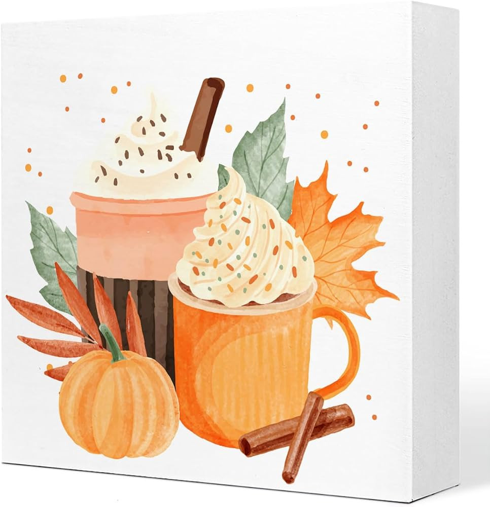 Fall Table Decor,Watercolor Fall Pumpkin Spice Latte Thanksgiving Wood Block Sign Desk Decor,Rust... | Amazon (US)