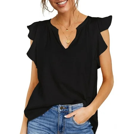 MIHOLL Ruffle Sleeve Tank Tops for Womens Casual Loose Sleeveless V Neck T-Shirts Summer Elegant Blo | Walmart (US)
