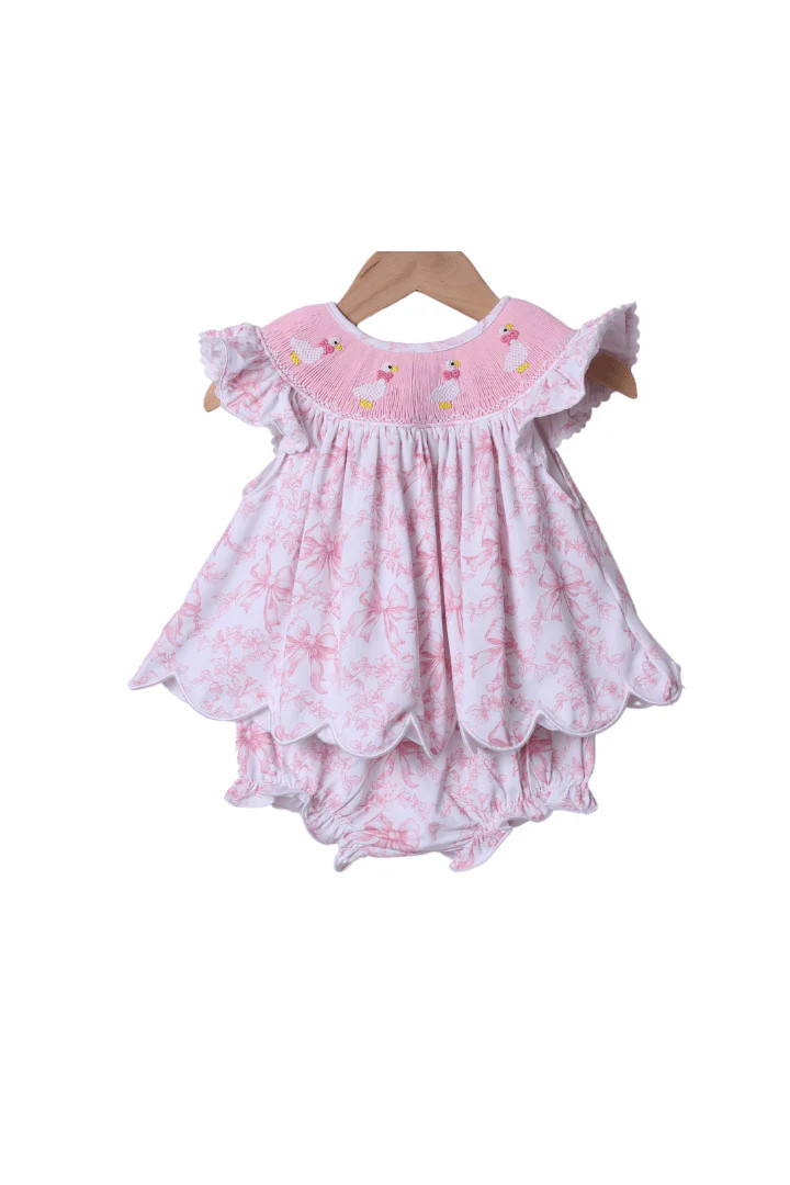 Smocked Silly Goose Pink Bow Toile Bloomer Set | The Smocked Flamingo