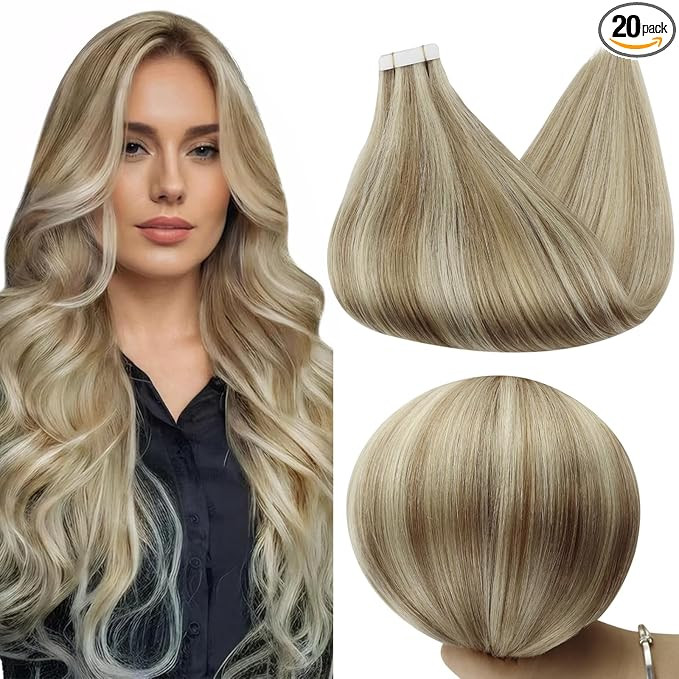 Amazon.com : Full Shine Invisible Tape in Hair Extensions Color 16/22 Golden Blonde And Medium Bl... | Amazon (US)