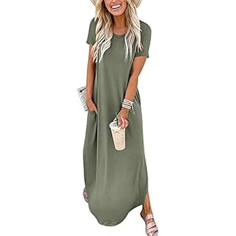ANRABESS Women's Short Sleeve Summer Dresses Crew Neck Side Slit Casual Long Maxi Dress Shirt Dress  | Amazon (US)