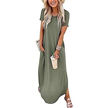 ANRABESS Women's Short Sleeve Summer Dresses Crew Neck Side Slit Casual Long Maxi Dress Shirt Dress  | Amazon (US)