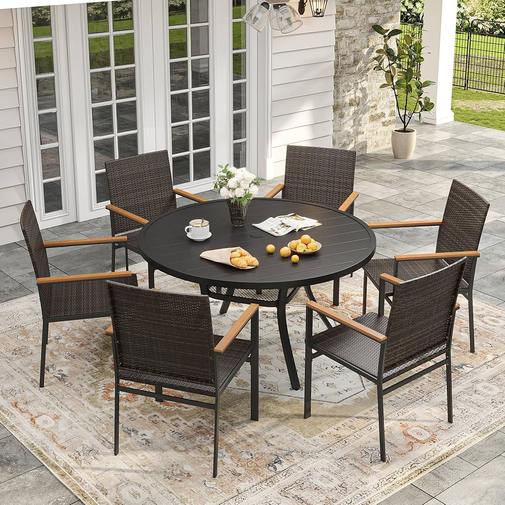 VICLLAX 7 Pieces Patio Dining Set, 6 Outdoor Wicker Dining Chairs and 47" Patio Round Metal Table... | Amazon (US)