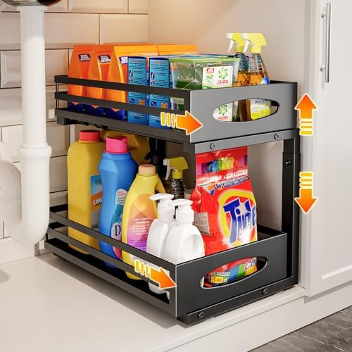 Under Sink Organizer, 2 Tier Under Sink Organizers and Storage, Adjustable Height, Slide out Meta... | Amazon (US)